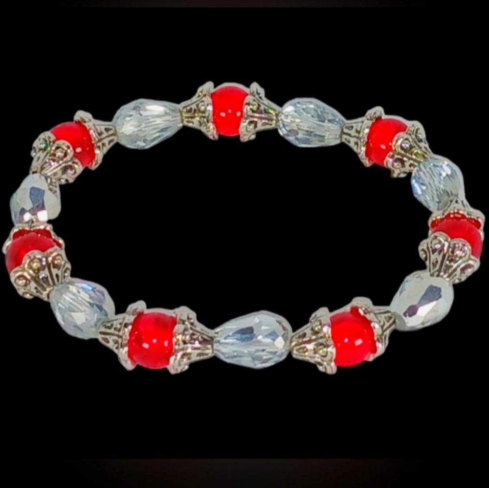 Gothic Metallic Silver & Red Crackle Glass Beaded Stretch Bracelet Grunge Scene